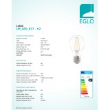 EGLO 11534 | E27 6,5W -> 63W Eglo normálne A60 LED svetelný zdroj filament 810lm 2700K 360° CRI>80