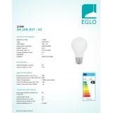 EGLO 11596 | E27 8W -> 60W Eglo normálne A60 LED svetelný zdroj filament, milky 806lm 2700K 360° CRI>80