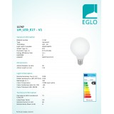 EGLO 11767 | E27 8W -> 75W Eglo veľká guľa G95 LED svetelný zdroj 320° 1055lm 2700K 320° CRI>80