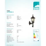 EGLO 22469 | Laterna8 Eglo rameno stenové svietidlo pohybový senzor 1x E27 IP44 čierna, priesvitná