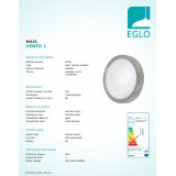 EGLO 94121 | Vento-LED Eglo stenové, stropné svietidlo kruhový 1x LED 950lm 3000K IP44 zušľachtená oceľ, nehrdzavejúca oceľ, biela