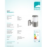 EGLO 94277 | Basalgo-1 Eglo stenové svietidlo 1x LED 320lm 3000K IP44 zušľachtená oceľ, nehrdzavejúca oceľ, priesvitná, biela