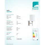EGLO 94924 | Eglo-Pasteri-W Eglo rameno stenové svietidlo prepínač 1x E27 matný biely, matný nikel