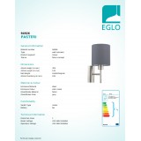 EGLO 94926 | Eglo-Pasteri-G Eglo rameno stenové svietidlo prepínač 1x E27 matná šedá, biela, matný nikel