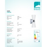 EGLO 94989 | Cailin Eglo rameno stenové svietidlo 2x G9 720lm 3000K IP44 chróm, biela