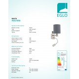 EGLO 96479 | Eglo-Pasteri-G Eglo rameno stenové svietidlo prepínač flexibilné 1x E27 + 1x LED 380lm matná šedá, biela, matný nikel