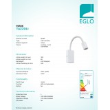 EGLO 96566 | Tazzoli Eglo stenové svietidlo prepínač flexibilné, USB prijímač, nabíjačka na telefón, nabíjačka na mobil 1x LED 380lm 3000K biela