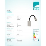EGLO 96567 | Tazzoli Eglo stenové svietidlo prepínač flexibilné, USB prijímač, nabíjačka na telefón, nabíjačka na mobil 1x LED 380lm 3000K matný nikel, čierna