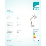 EGLO 96957 | Torona-1 Eglo stolové svietidlo 60,5cm prepínač na vedení otočné prvky 1x E14 biela, natur