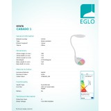 EGLO 97078 | Cabado-1 Eglo stolové svietidlo 49cm dotykový prepínač s reguláciou svetla regulovateľná intenzita svetla, meniace farbu 1x LED 300lm + 1x LED 20lm 5000K biela