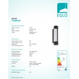 EGLO 97119 | Tonego Eglo stenové svietidlo hriadeľ 2x LED 1000lm 3000K IP44 antracit, biela