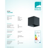 EGLO 97242 | Calpino Eglo stenové svietidlo štvorec 2x LED 680lm 3000K IP54 antracit