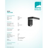EGLO 98191 | Pastion Eglo rameno stenové svietidlo pohybový senzor, svetelný senzor - súmrakový spínač slnečné kolektorové / solárne 1x LED 200lm 3000K IP44 čierna